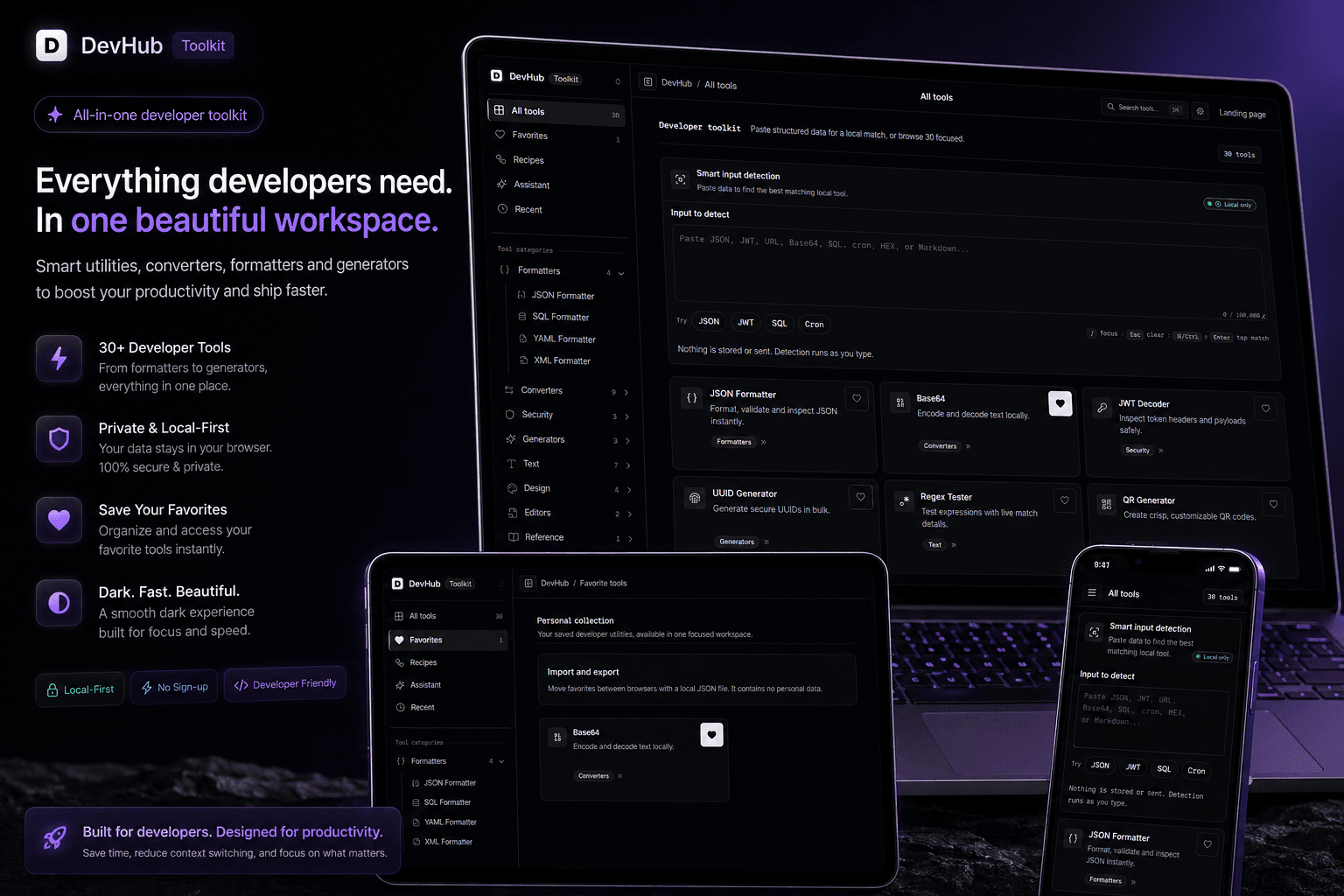DevHub Toolkit multi-device workspace on desktop, tablet, and mobile with smart input detection and 30+ tools