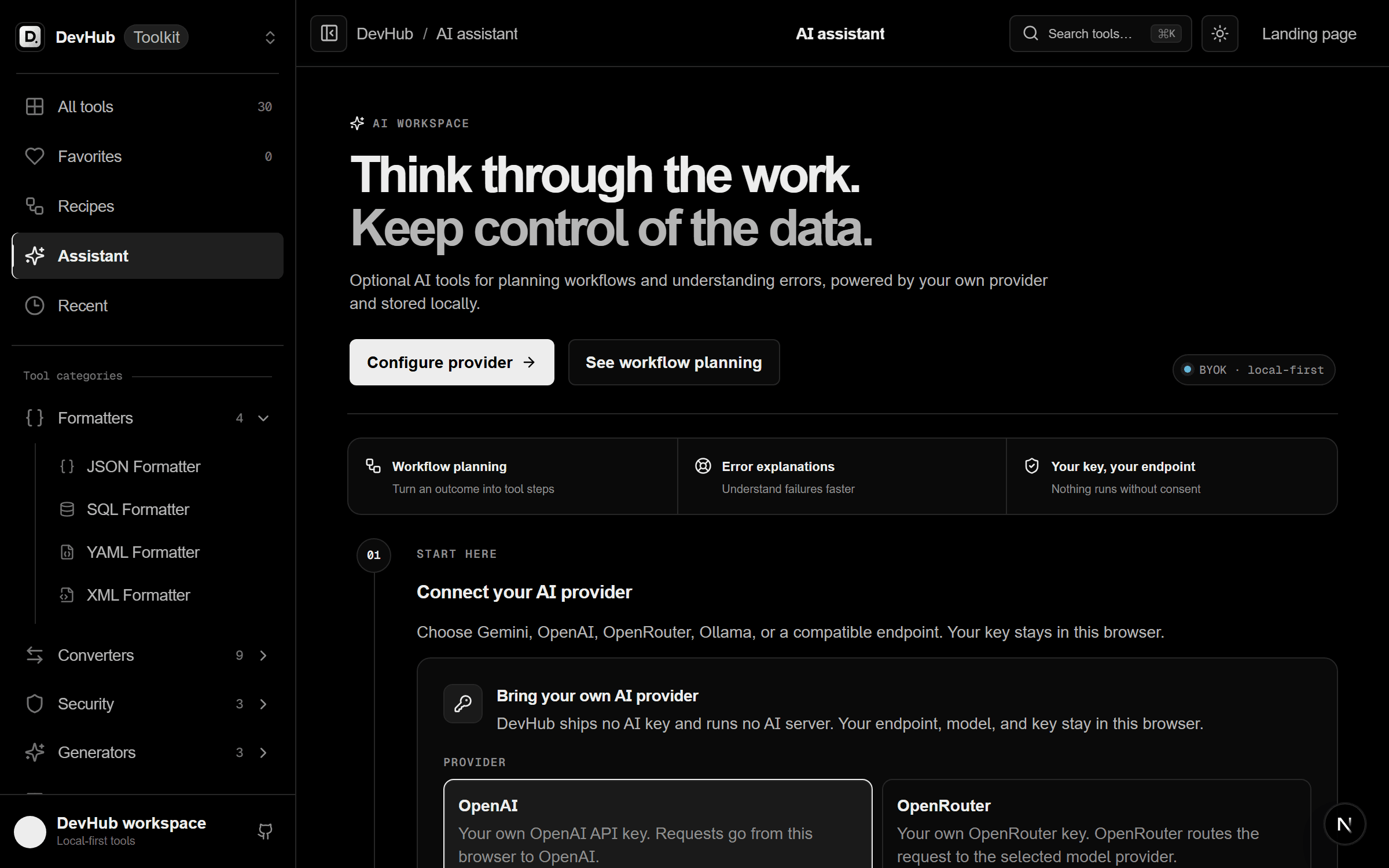 DevHub AI Assistant interface with bring-your-own-key providers