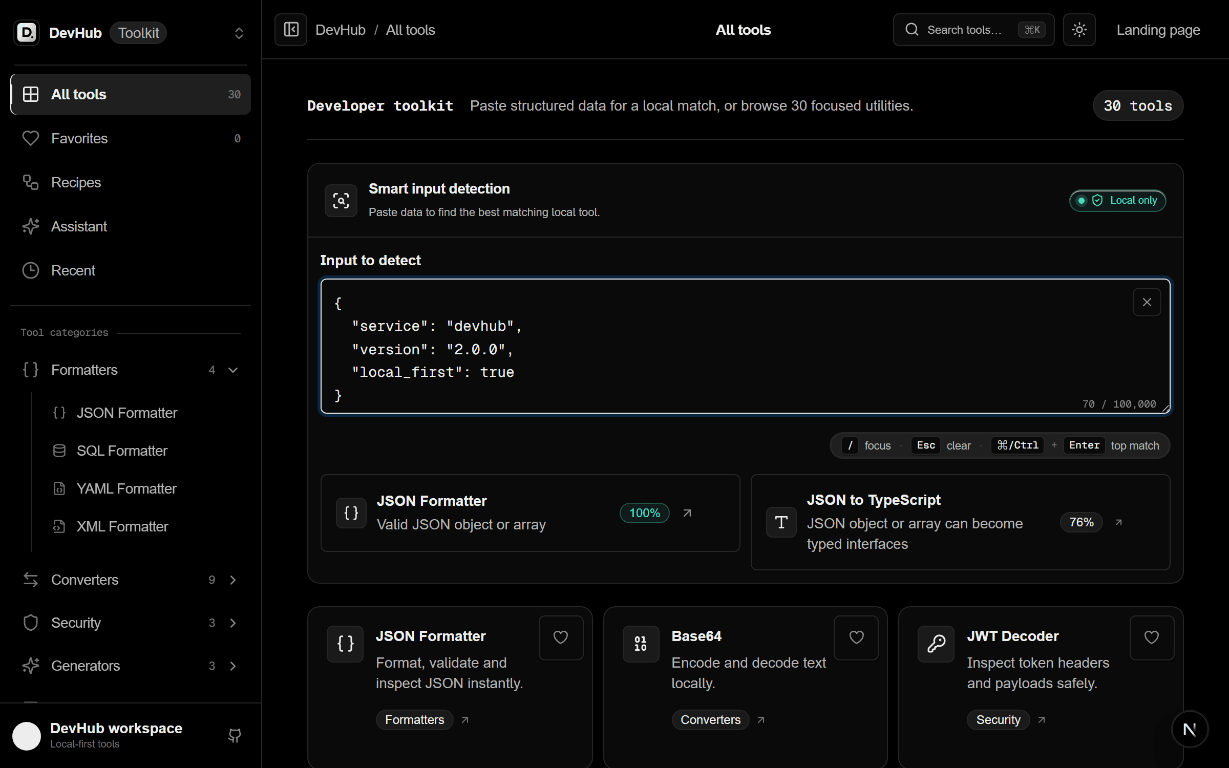 DevHub All Tools Dashboard with smart input detection
