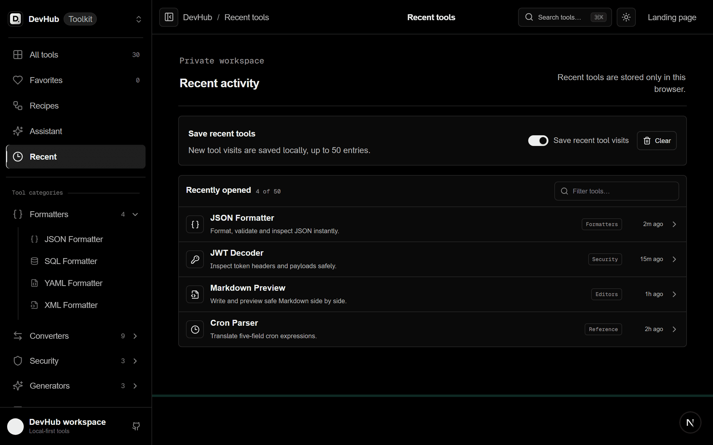 DevHub Recent Activity with local-only visit history