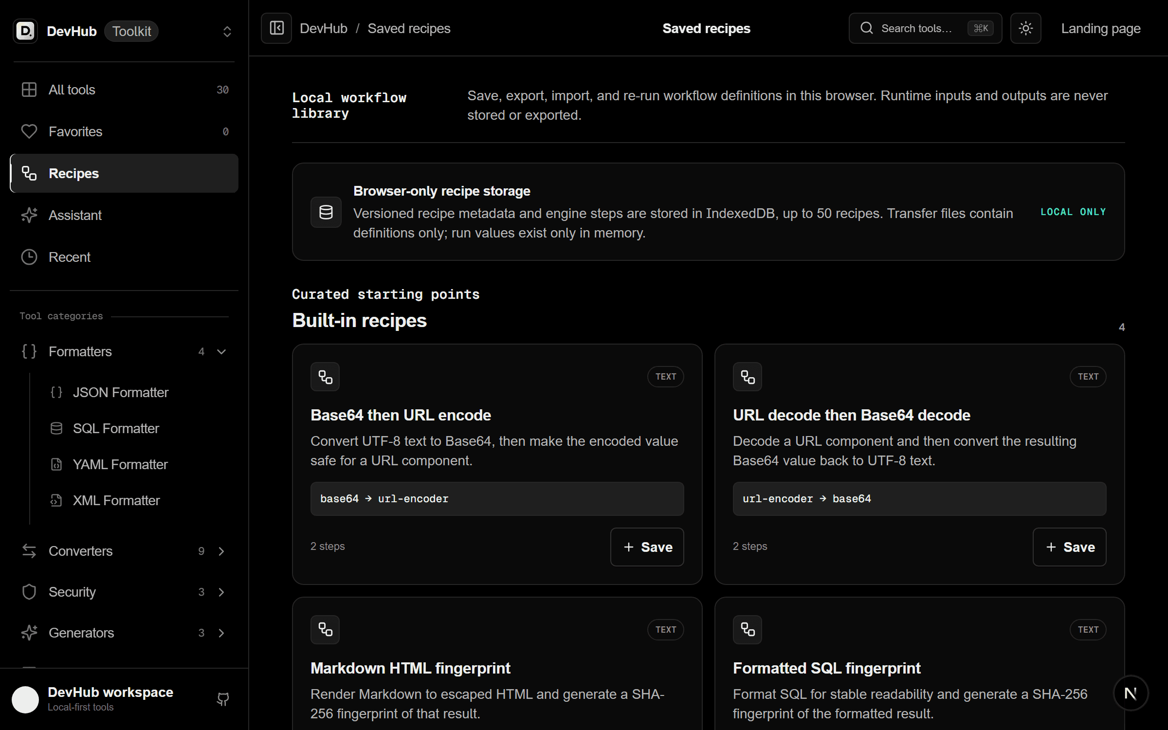 DevHub Saved Recipes interface with multi-step workflows